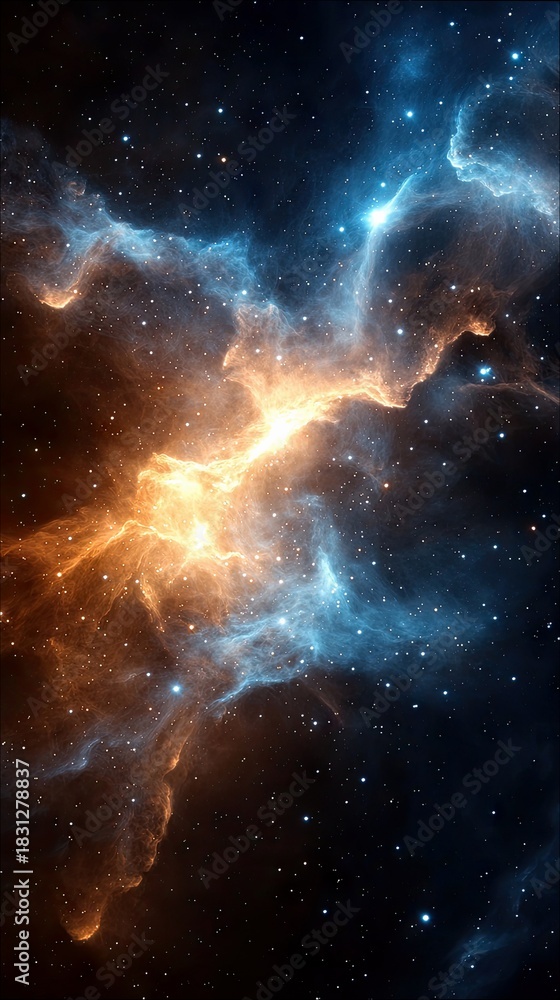 Obraz premium A vibrant and colorful nebula with glowing orange and blue hues, filled with stars against a dark background.
