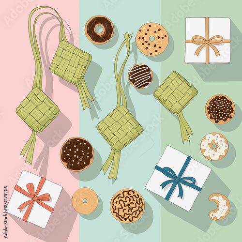 “Flat Lay Eid Gift Boxes and Cookies”