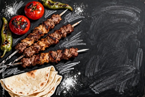Artisan chalkboard sketch of Turkish kebab feast for restaurant menus. Hand-drawn textured illustration with organic chalk strokes on dark slate background. Perfect for culinary branding.