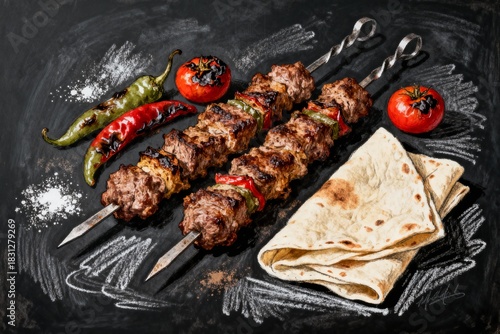 Artisan chalkboard sketch of Turkish kebab feast for restaurant menus. Hand-drawn textured illustration with organic chalk strokes on dark slate background. Perfect for culinary branding.