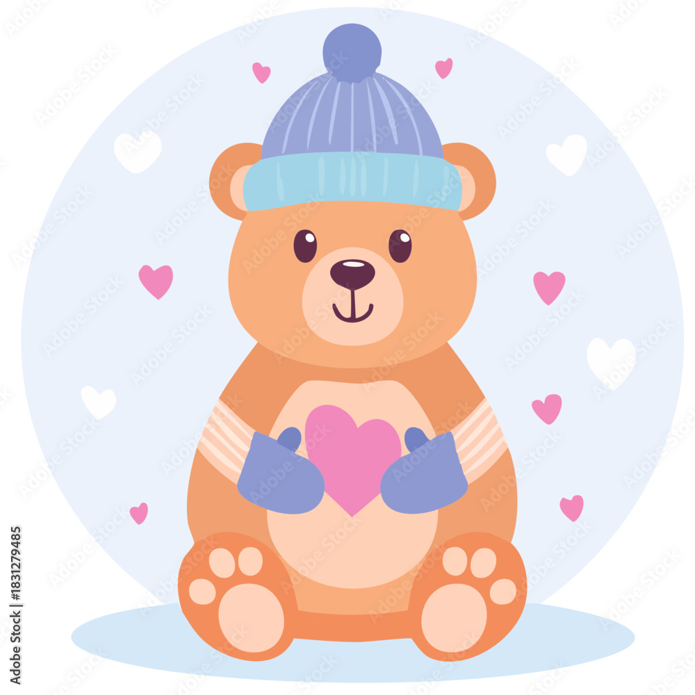 Obraz premium Plush Bear in Winter Outfit Holding Heart Cute Illustration