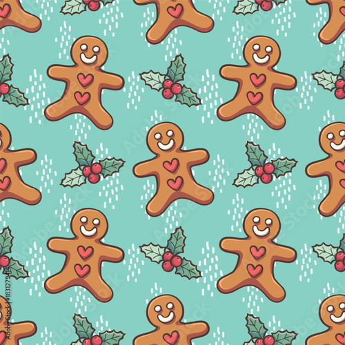 Seamless pattern cartoon of a gingerbread and mistletoe. This adorable cartoon illustration captures of Christmas. Suitable for wrapping paper, wallpaper and fashion prints.