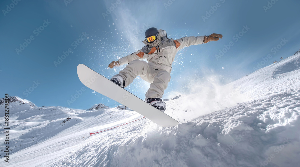Obraz premium Snowboarder doing trick with white snowboard on snow, ai generated