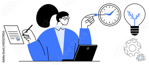 Woman working at a desk with a laptop, document, pen, clock, lightbulb, and gears. Ideal for productivity, time management innovation technology planning creativity and efficiency. Simple flat