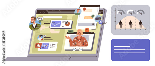 Laptop screen displaying virtual meeting, video chats, charts, and analytics dashboard. Ideal for remote work, teamwork, communication, collaboration analytics productivity digital tools. A simple