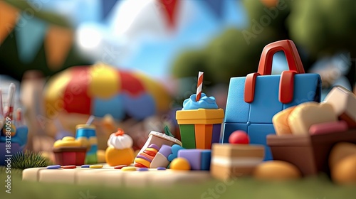 Fototapeta Naklejka Na Ścianę i Meble -  A colorful picnic scene featuring a blue bag, food items like cake and sandwiches, and a blurred background of a park on a sunny day.