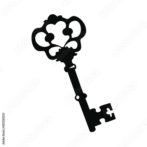 Ornate antique skeleton key silhouette isolated on a clean white background for design