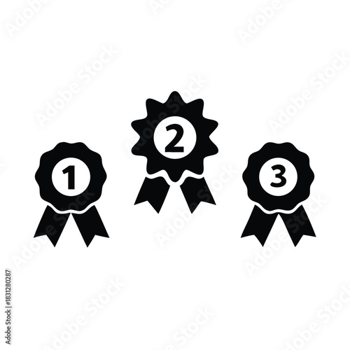 Three black and white award ribbons representing first second and third place achievement icons