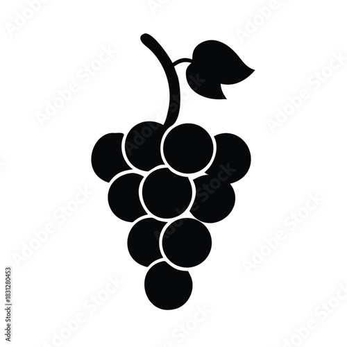 Simple black silhouette icon representing a cluster of ripe grapes with a small leaf and stem