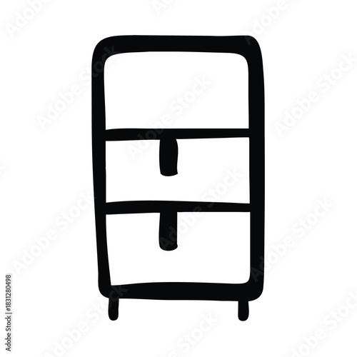 Simple hand drawn black and white icon representing a small three drawer storage cabinet