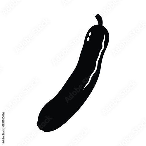A simple black silhouette of a single zucchini squash on white background 