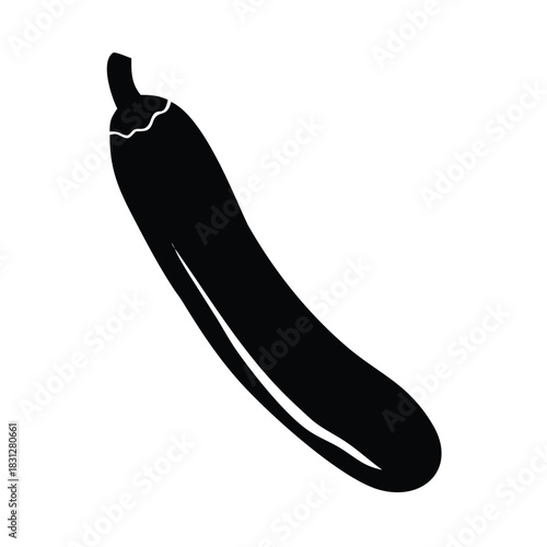 A simple black silhouette of a single zucchini squash against white background 