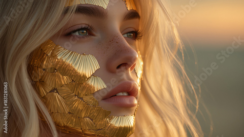 luxurious editorial photograph capturing reflective gold elements and gentle gaze during golden hour