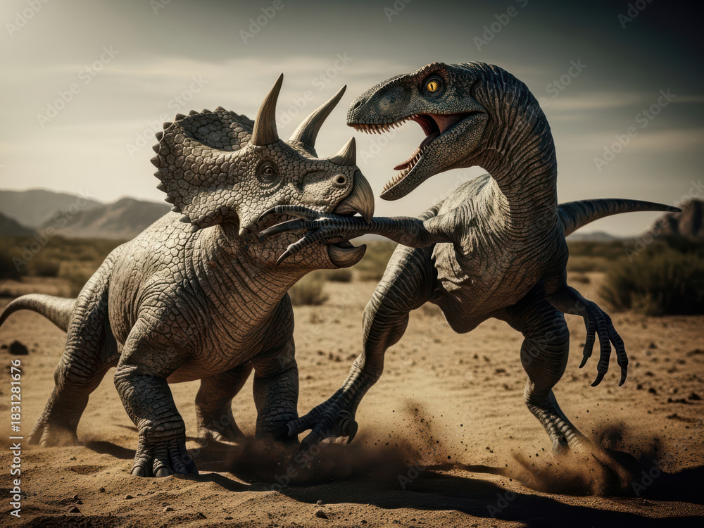 Fototapeta premium Epic duel between Protoceratops (P. andrewsi) and Velociraptor (V. mongoliensis), a faithful interpretation of the 'Fighting Dinosaurs' fossil in the desert