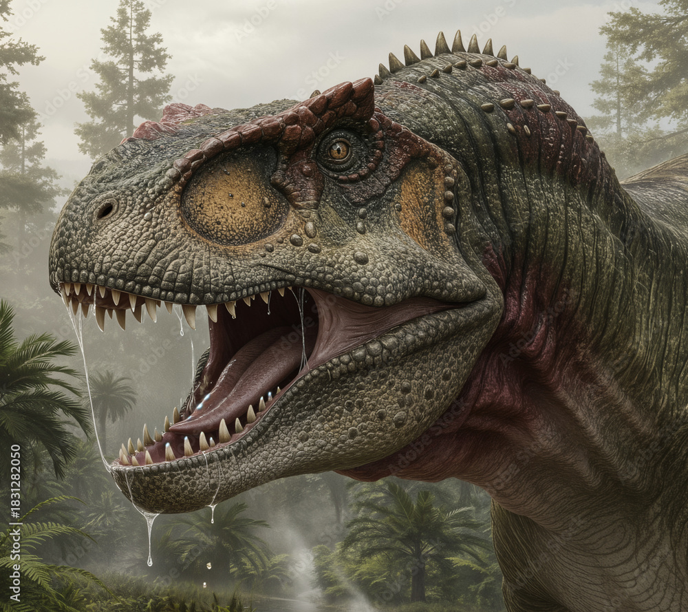 Obraz premium Majungasaurus crenatissimus Cannibal Theropod fierce gaze and dripping saliva Madagascan Cretaceous predator epic jungle portrait