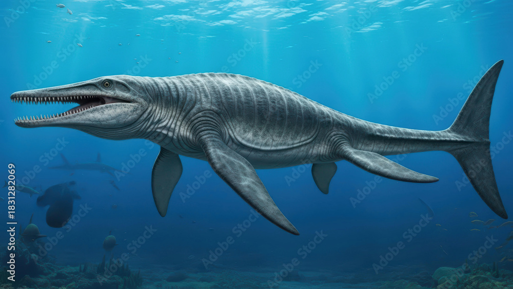 Fototapeta premium Mosasaur (Mosasaurus) Hunting Cretaceous marine apex predator with massive anatomy and powerful flippers a dominant force in ancient oceans