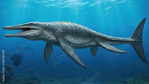 Mosasaur (Mosasaurus) Hunting Cretaceous marine apex predator with massive anatomy and powerful flippers a dominant force in ancient oceans