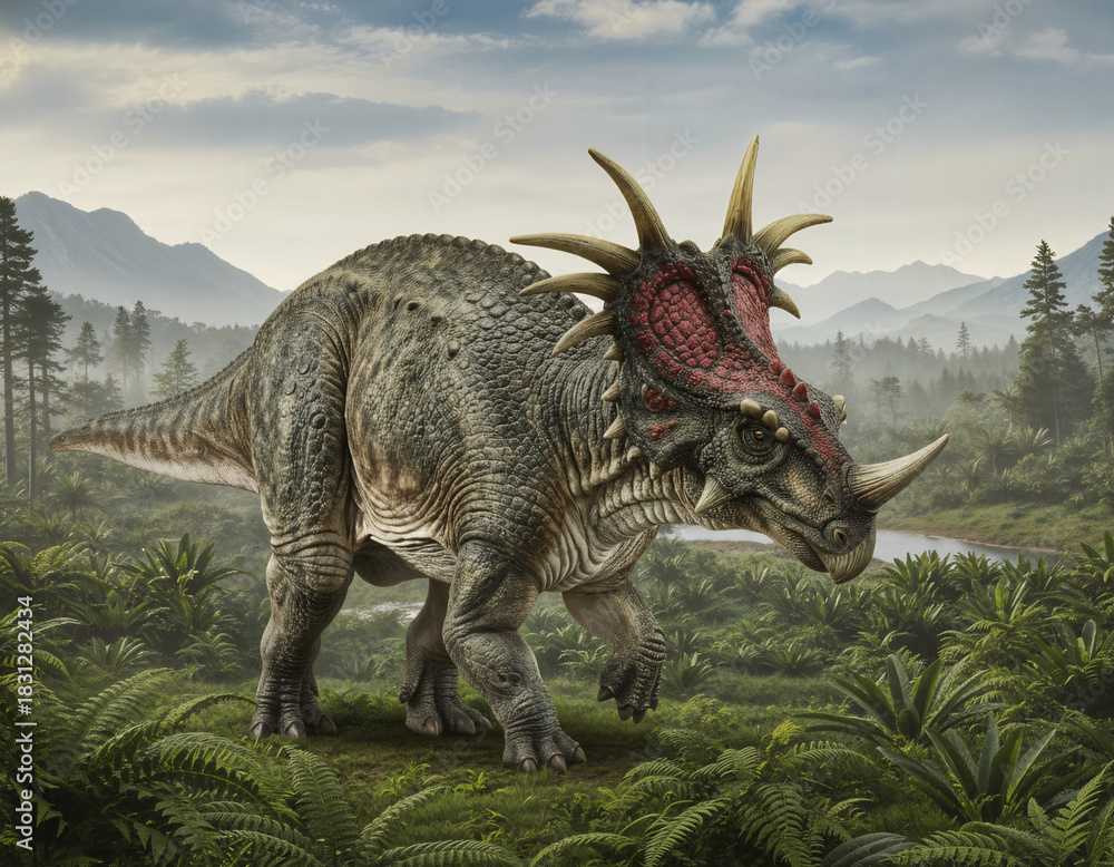 Obraz premium Styracosaurus albertensis, a large herbivorous dinosaur of the Ceratopsid family, known for its impressive cranial structures