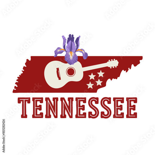 Tennessee state silhouette with acoustic guitar iris flower and stars vintage red music travel badge illustration