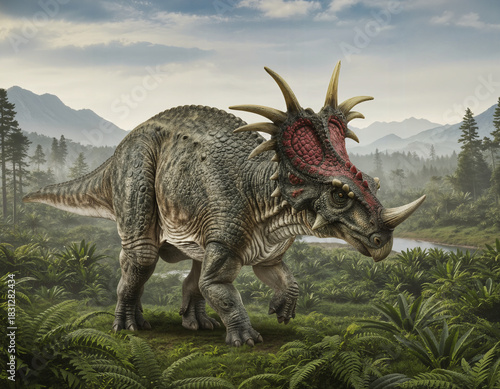 Styracosaurus albertensis, a large herbivorous dinosaur of the Ceratopsid family, known for its impressive cranial structures