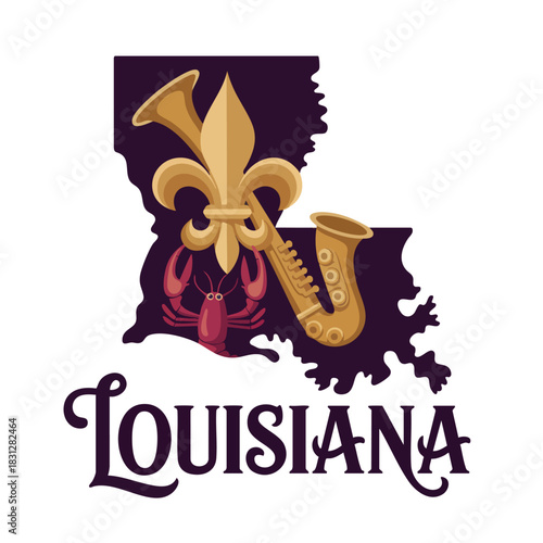 Louisiana state vector emblem with fleur de lis saxophone crawfish and jazz festival typography design on transparent background
