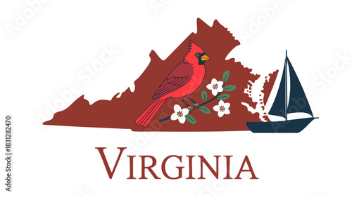 Virginia state illustration with red cardinal dogwood flowers sailboat and typographic map design for travel and tourism posters