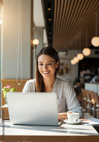 A focused young woman works diligently on her laptop. She sips her coffee, bathed in natural light, in a bright, modern interior space. The setting exudes a sense of tranquility and productive work.