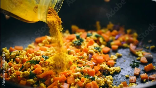 Vibrant Turmeric Powder Sprinkled Over Freshly Cooked Tofu Scramble.