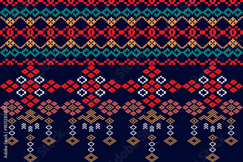 Geometric ethnic embroidery pattern in red and blue, Asian tribal style