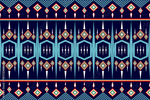 Geometric tribal textile pattern in deep blue tones with diamond motifs and linear symmetry, blending traditional and modern aesthetics.