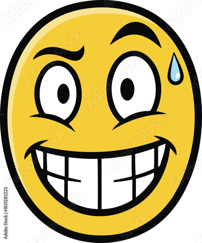 A yellow cartoon emoticon featuring a nervous expression with wide eyes, a large toothy grin, and a single drop of sweat on its forehead, conveying anxiety or awkwardness.