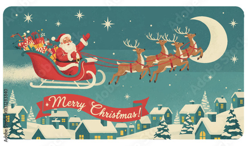 A vintage illustration of Santa Claus flying his sleigh with reindeer over a snowy village under a starry night sky with a crescent moon, wishing "Merry Christmas".