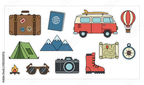 A collection of colorful flat design travel and adventure icons, including a suitcase, passport, camper van, tent, mountains, map, and camera.