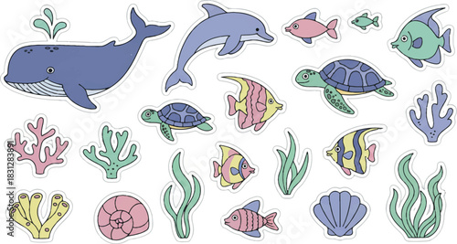 A collection of cute cartoon sea creatures and marine life elements including whales, dolphins, fish, turtles, coral, and shells on a white background.