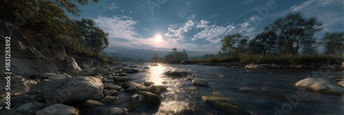 Serene river reflection mountain valley hdr panoramic landscape tranquil view