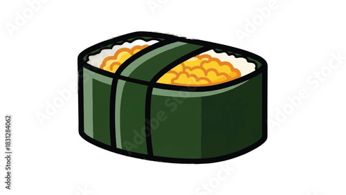 Delicious sushi roll with vibrant orange roe and dark green nori.