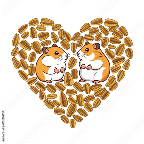 Illustration of two hamsters surrounded by grains arranged in a heart shape, conveying Valentine's Day pet love on a white background.