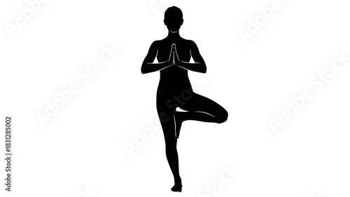 Silhouette of a person in a tree pose during yoga on white background