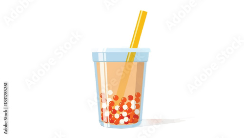Refreshing bubble tea drink with colorful tapioca pearls and straw.