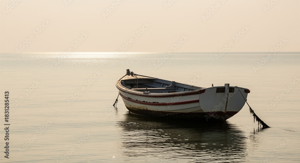 Fototapeta premium Old boat drifting on quiet sea