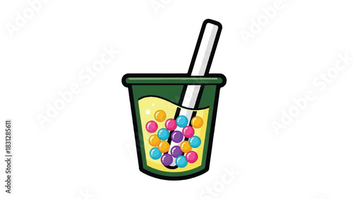 Colorful Bubble Tea Drink with Tapioca Pearls and Straw.