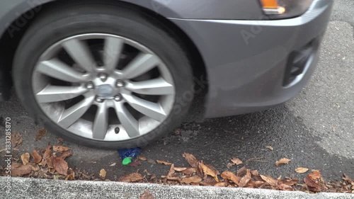 Car Wheels Driving Over Plastic Bottle Crushing Sound
