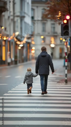 A parent crossing the street with a small child in their grasp at a pedestrian crossing