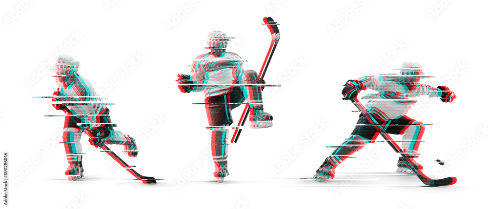 Fototapeta premium Ice hockey players with glitch distortion effect, dynamic motion, winter sport energy, and modern abstract digital art Hockey players in action on a white background