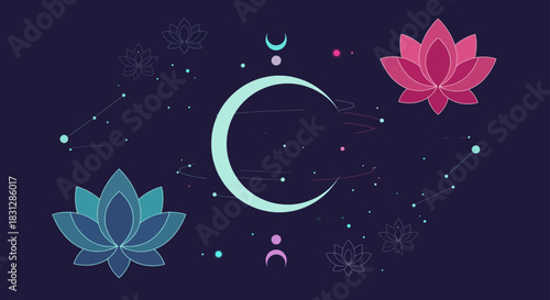celestial magic background with crescent moon and lotus flowers creating a mystical spiritual atmosphere for meditation and holistic wellness promotion.