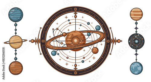 Celestial orrery illustration depicting planets in orbit creating a cosmic display for astrology enthusiasts astronomical diagrams or educational materials.