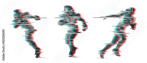 Isolated American football athletes with glitch effect and digital distortion on a white background. Strong motion, run energy, modern RGB shift design, and abstract sport concept