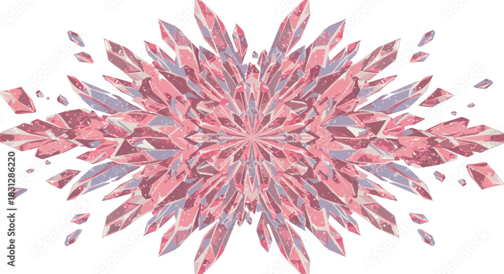 Fototapeta premium crystal formation an abstract vector art piece with pink purple gemstone crystals radiating from a central point against a white background for design projects.