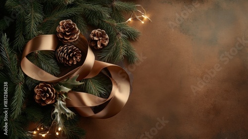 A decorative holiday arrangement of fir branches, pinecones, and a golden ribbon with warm lights on a textured brown background.