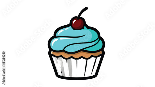 Delicious Blue Frosted Cupcake with Cherry Topping.